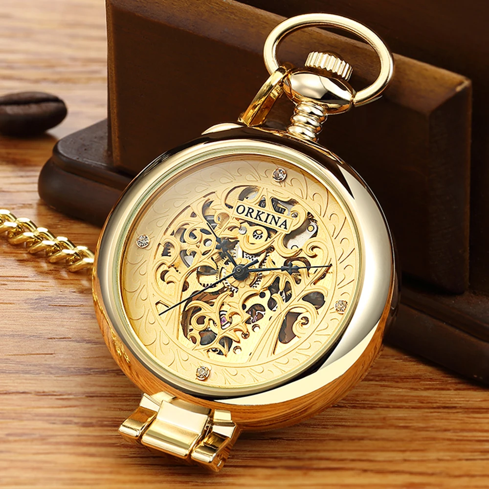 Vintage Table Stand Hollow Mechanical Pocket Watch Hand Winding Golden Men Women Watches with Fob Chain Clock reloj de bolsillo