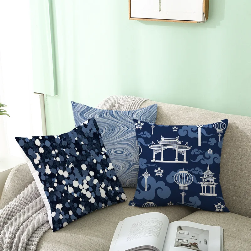

Short plush pillow case custom blue and white porcelain geometric abstract sofa cushion cover office waist pillowcase
