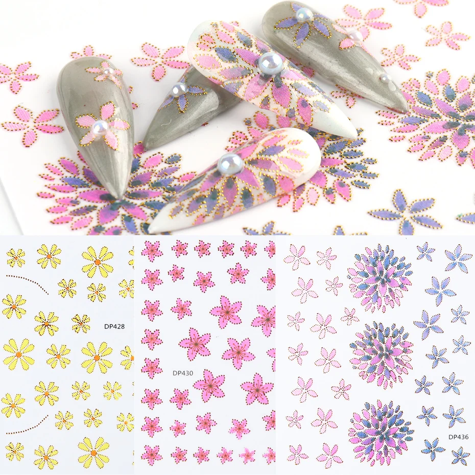 1 шт. 5D тисненые цветы наклейки для дизайна ногтей цветные бусины лист летняя