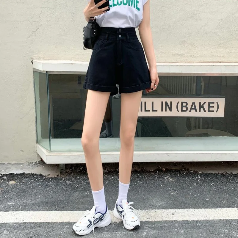 Черные джинсовые шорты женские летние тонкие свободные с высокой талией новый