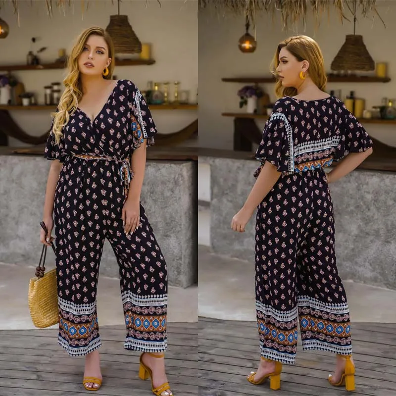 

S1SENSE Summer Plus Size Jumpsuit For Women Short Sleeve Loose Floral Print Low Cut V Neck Long Jumpsuits Belt 4XL