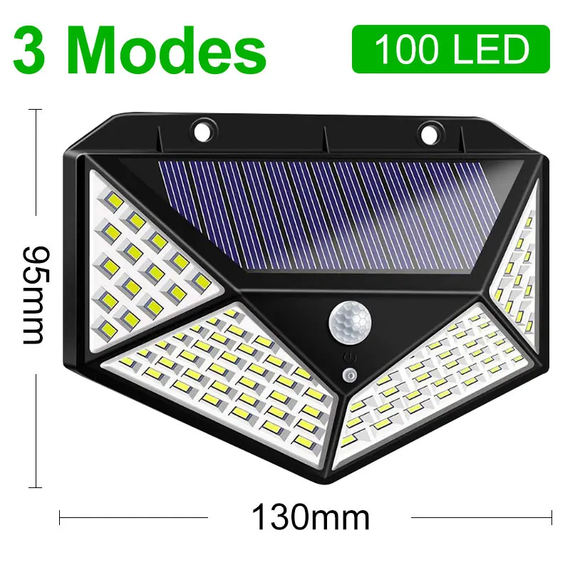 100LEDs 3 Modes 118 светодиодный светильник на солнечной батарее, уличный солнечный светильник с датчиком движения, солнечный Точечный светильник с 3 режимами, настенный светильник для уличного сада - Испускаемый цвет: 100LEDs 3 Modes