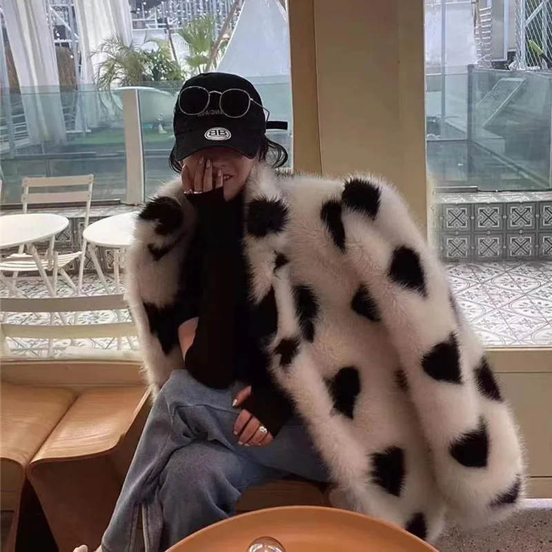 Faux Fur Coat Loose Love Stand-up Collar Women's Eco-coat  Synthetic Fur Jackets Winter Plush Jacket Clothes Korea Ladies