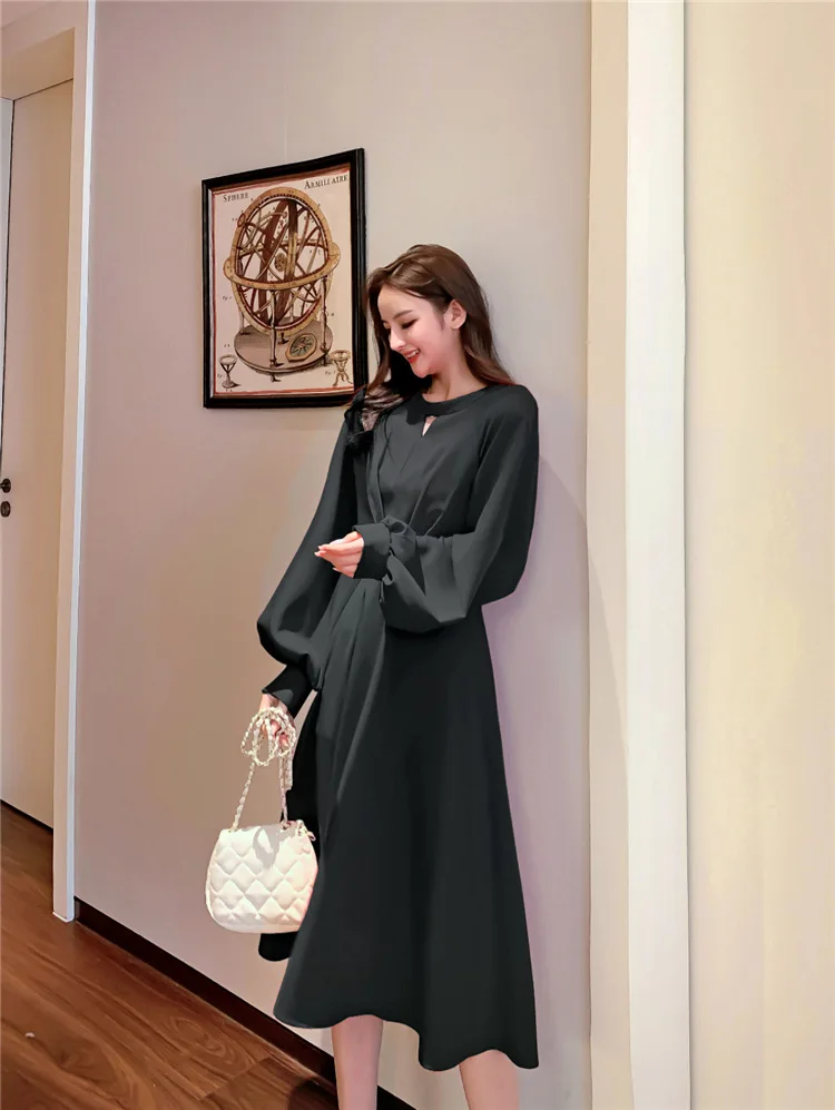 

Elegant Women's Spring And Autumn Long Dress French Dress Hepburn Style Solid Color Casual Fashion Temperament Dress