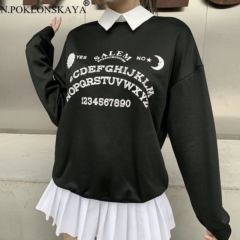 

New Black Oversized Hoodies Gothic Harajuku Streetwear Chic Letter Print Hoodies Women Autumn Long Sleeve Fake Collar Hoodie