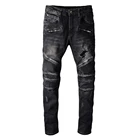 Мужские байкерские джинсы черные Стрейчевые джинсовые брюки кожаные плиссированные Лоскутные рваные узкие брюки-карандаш