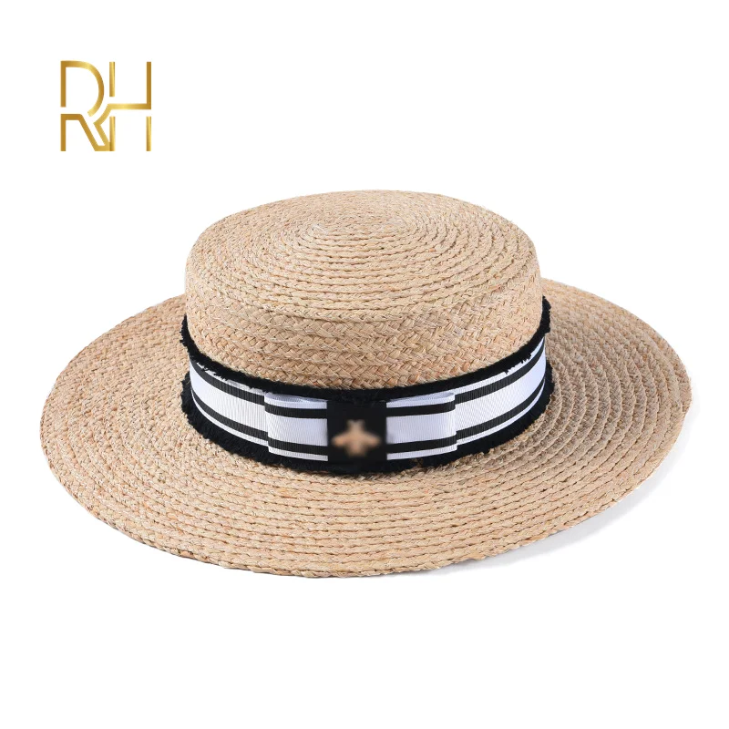 RH женские летние Козырьки с бантом соломенная шляпа из рафии плоским верхом