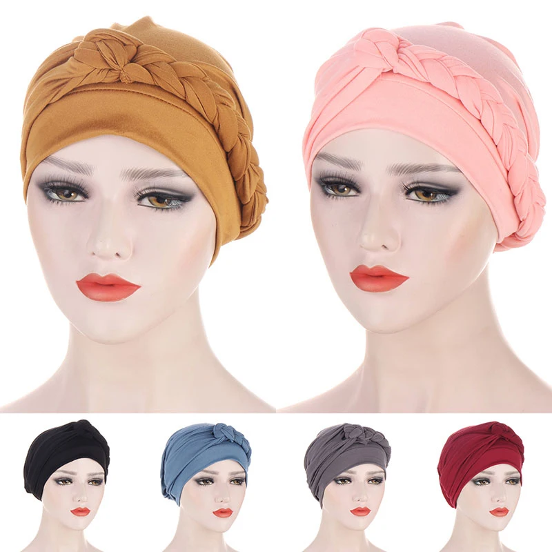 

Women Muslim Headdress Braid Muslim Turban Bonnet For Women Solid Cotton Braid Inner Hijabs Indian Wrap Hijab Underscarf Caps