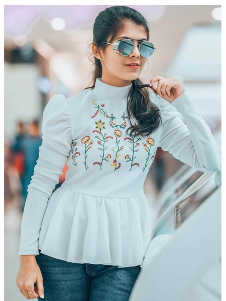 Dotfashion/Женские топы и блузки с вышитыми белыми цветами и рюшами, осенняя одежда, Повседневный пуловер с длинным рукавом, модная рубашка