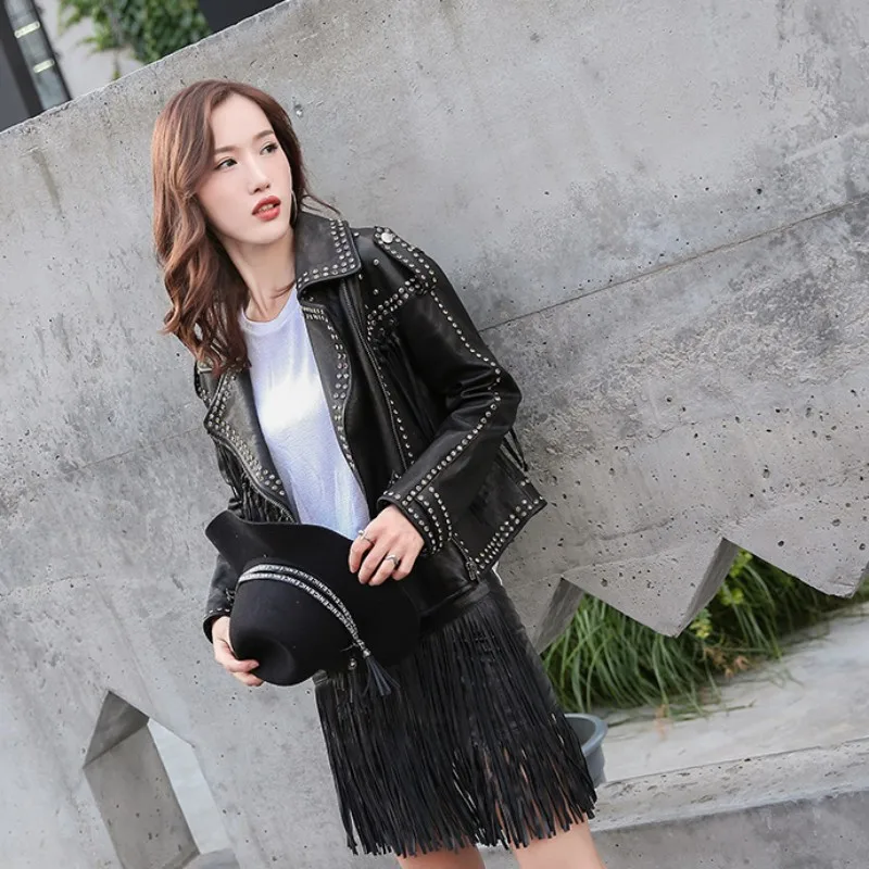 

Luxury Women Brand Crystal Rivets Genuine Leather Jacket Punk Style Tassels Short Slim Fit Sheepskin Coat Studded Biker Jackets