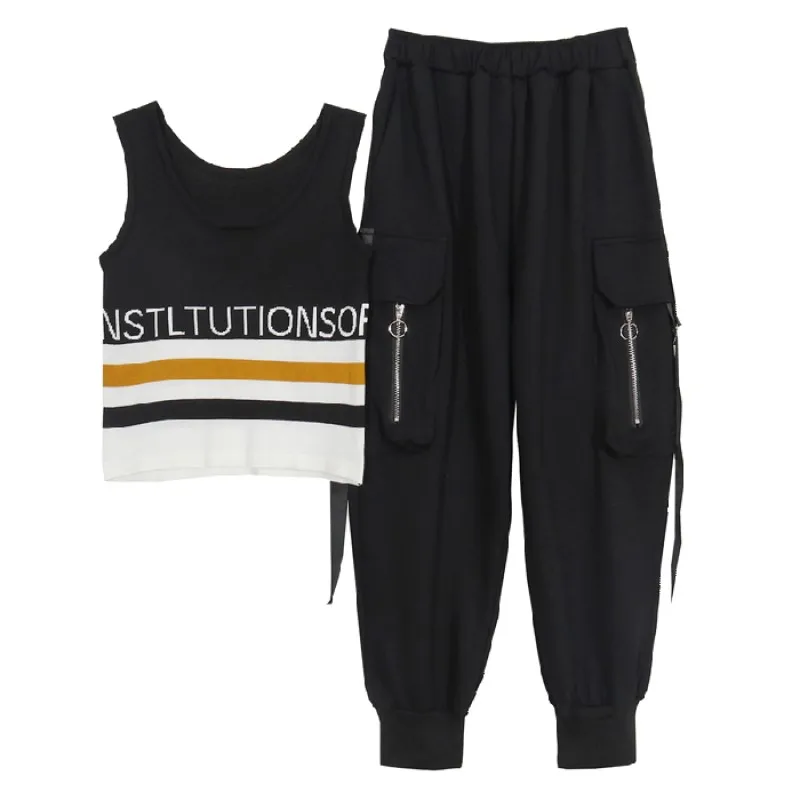 

2021 New 2 Pieces Set Summer Women Casual Cargo Black Pants Suit Set Streetwear Outfit Solid Vest Sleeveless Women Trousers Set