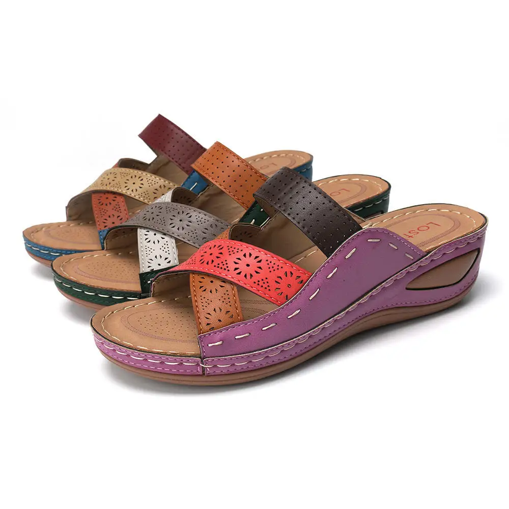 

Women's Beach Slippers 2020 Summer Women Lady Retro Stitching ColorCasual Low Beach Open Peep Toe Sandals 3 colors Shoes Slides