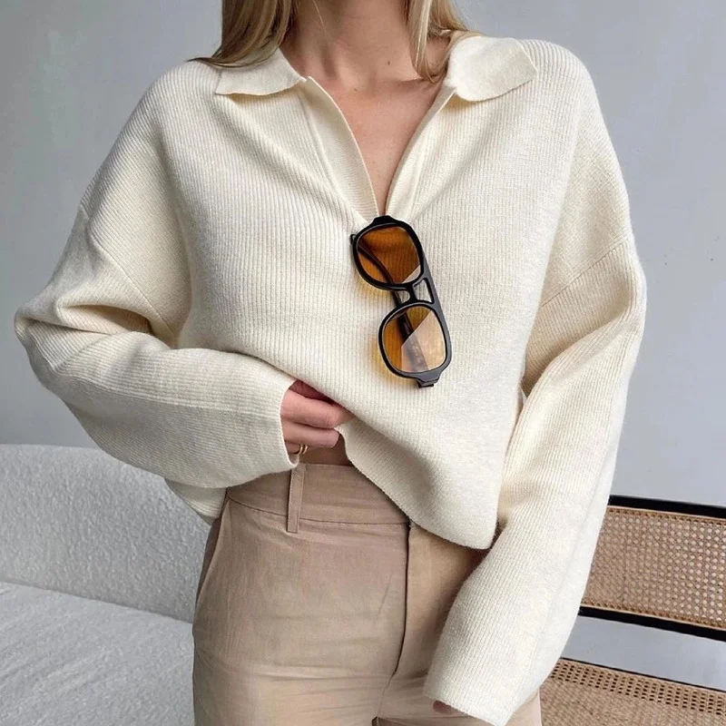 

Fashion Women Sweaters 2021 Autumn Knitted Long Sleeve Top Polo Collar Korean Style Casual Loose Sueters De Mujer Ladies Jumper
