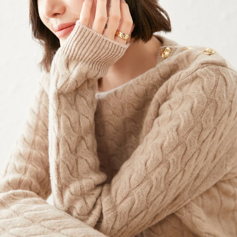 

Thick Warm Sweater Women Round Collar Wool Knitted Long Sleeves Short Casual Stylish Pullover Jacket Ladies Winter Button Jumper
