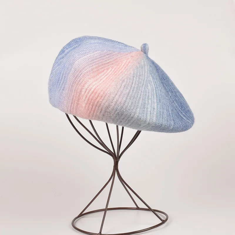 

Autumn Gradient Wool Knitting Beret Women For Artists Luxury Woman Hat South Korea Vertical Stripe Texture Vintage Cap Fashion