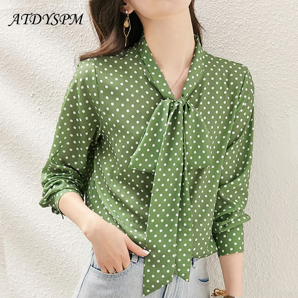 Блузка женская в горошек с бантом Повседневная шифоновая рубашка длинным