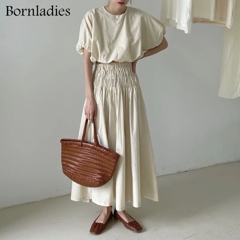 

Женский костюм с юбкой Bornladies, летний комплект из двух предметов, короткая футболка с коротким рукавом + длинная Плиссированная юбка с высоко...