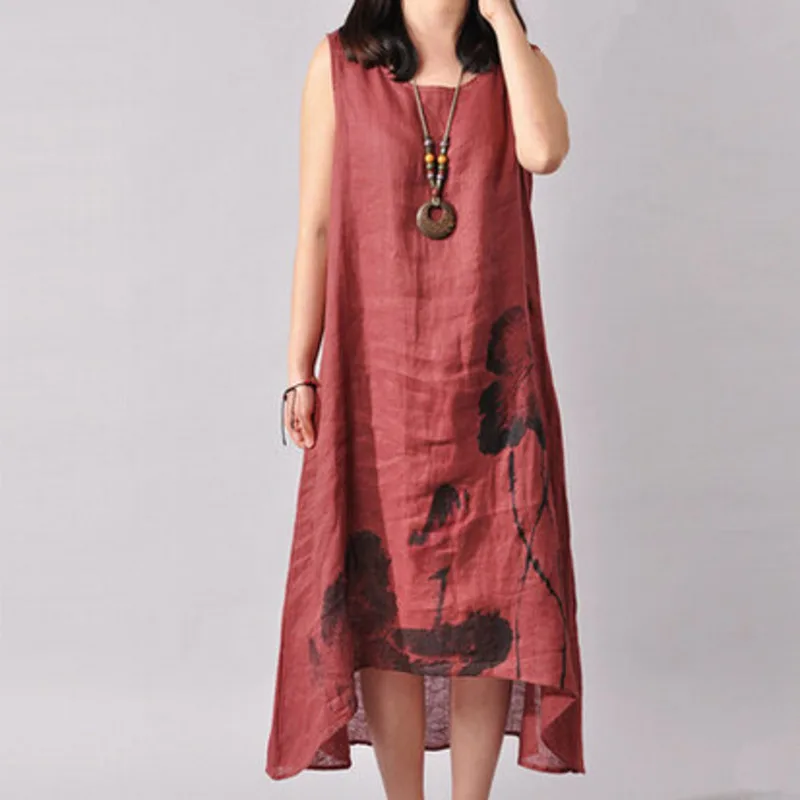Женское платье из хлопка и льна с круглым вырезом без рукавов | Женская одежда