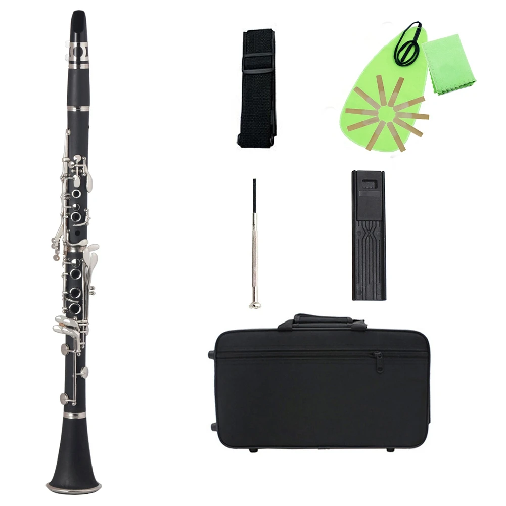 

HK.LADE Clarinet ABS 17 Key BB Flat Soprano Binocular Clarinet with Cleaning Cloth Gloves 10 Reeds Screwdriver Case Instrument