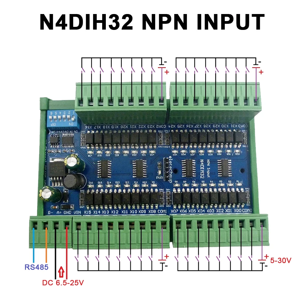 

DC 12/24V 32CH Optical Isolation DIN Rail RS485 Input Controller Module PNP NPN Switch Digital Collector RS485 Modbus RTU Module