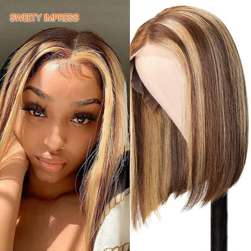 

Highlight Wig Human Hair Bob Wigs 13x4x1 Lace Front Human Hair Wigs Brazilian Straight p4/27 Colored Short Bob Human Hair Wig