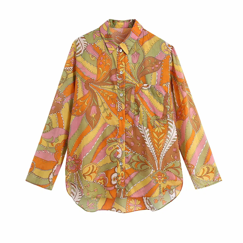 

2021 Summer Women Long sleeve Print TurnDown Collar Single Breasted slim Shirt Female streetwear Shirts Ladies casual Shirt