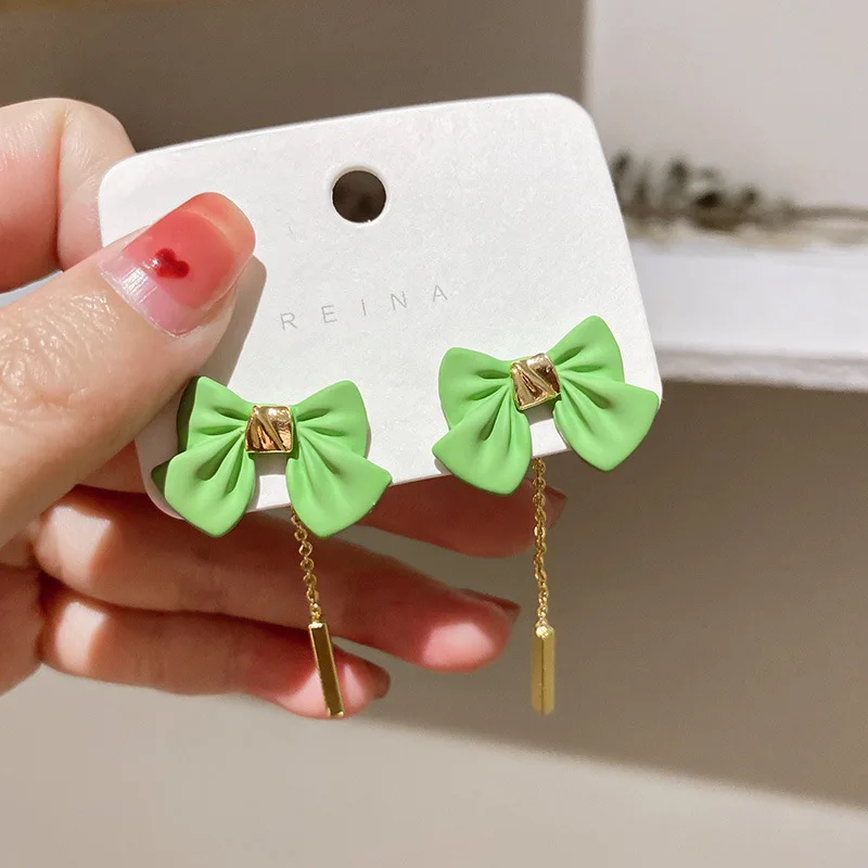 

Minar Korean Style Candy Color Bowknot Dangle Earrings for Women Green Yellow Blue Cross Knot Long Tassel Earrings Oorbellen