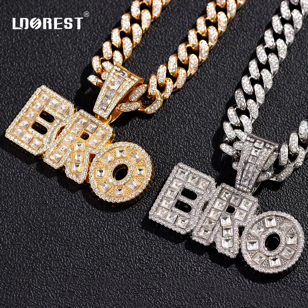 

Men Women Hip Hop Baguette BRO Letter Pendant Necklace With 13mm Miami Cuban Link Chain Necklaces Male Iced Out Rock Jewelry