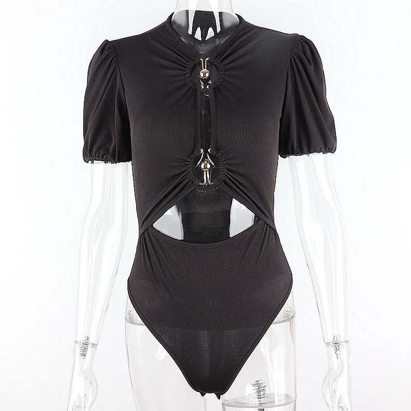 

Women Slim Sexy Bodysuit Tops Black Solid Color V-neck Short Puff Sleeve Hollow Out Rompers Casual Clothes Summer Female Ladies