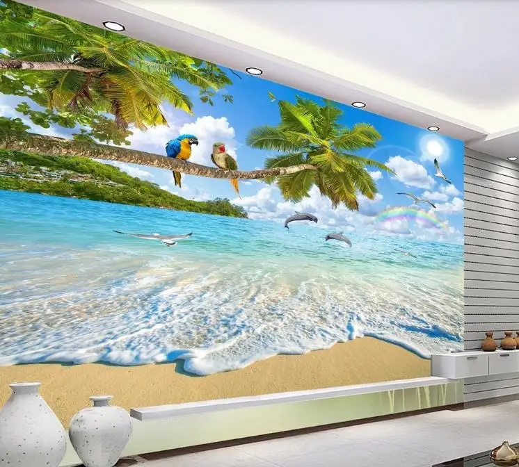 custom 3d photo wallpaper for living room bedroom background wallpaper natural scenery landscape painting coconut tree dolphin free global shipping