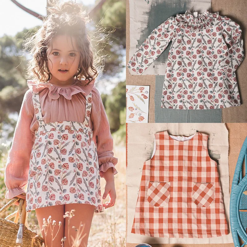 

Girls Shirt 2021 Spring And Summer New Baby Girls Bubble Sleeve Shirt Tops Shredded Sweet Straps Dress Sleeveless Plaid Dress
