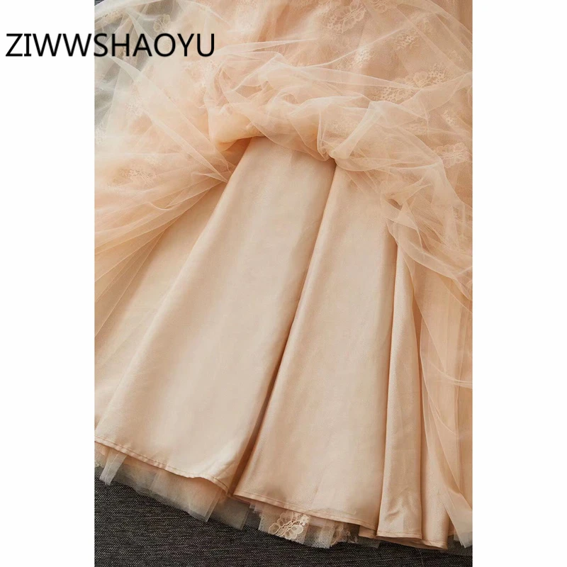 

ZIWWSHAOYU Summer Women Sexy Party Midi Dresses Runway Designer Ladies Lace Mesh Embroidery Backless Spaghetti Strap Dress