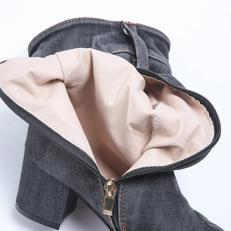 Для женщин длинные зимние ботинки на высоком каблуке джинсовые Женские стильные