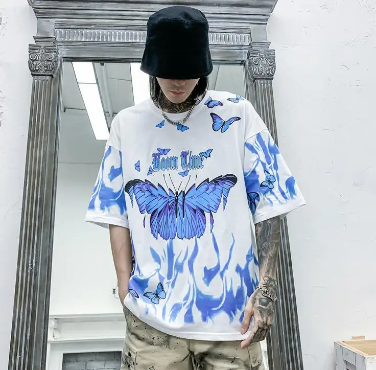 

New Summer Loose Hip Hop Short Sleeve Personality Butterfly Print Five-point Half Sleeve T-Shirt