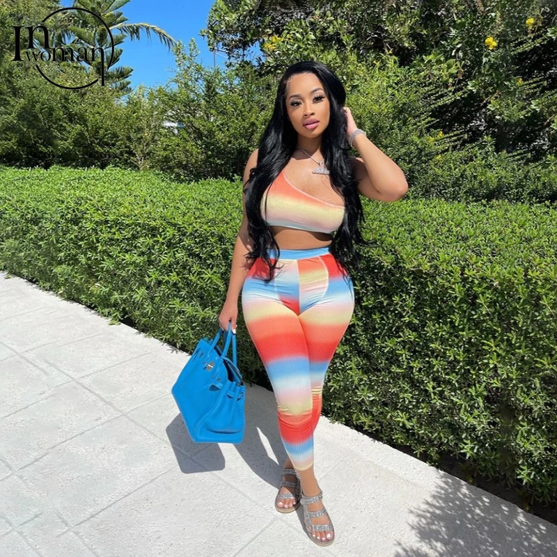 

Inwman Sexy 2 Piece Set Woman Summer Beach Outfits Ladies Matching Sets Sleeveless Bodycon One Shoulder Crop Top And Pants Sets