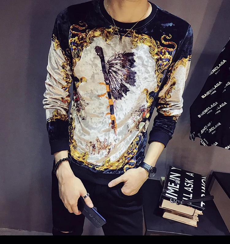 Vintage T Shirts Men Printing T Shirt Homme Club Outfit Men Long Sleeve O Neck Velvet T Shirt Autumn Luxury Men T Shirt
