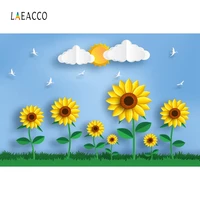 laeacco blue sky white clouds sun sunflowers grassland photography backdrops baby birthday photo backgrounds newborn photophone