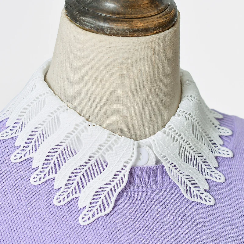 

Fashion leaf Women Blouse Sweater Round Neck Fake False Collar Detachable Sheer Embroidered Floral Lace Solid Half Shirt