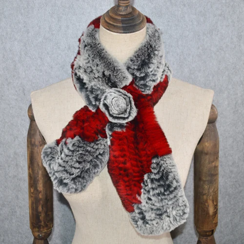 gray and red Хит, Женский Теплый мягкий настоящий шарф из меха кролика Рекс, натуральный мех кролика Рекс, шарф-кольцо для девочек, вязаные шарфы из меха кролика рекс - Цвет: gray and red
