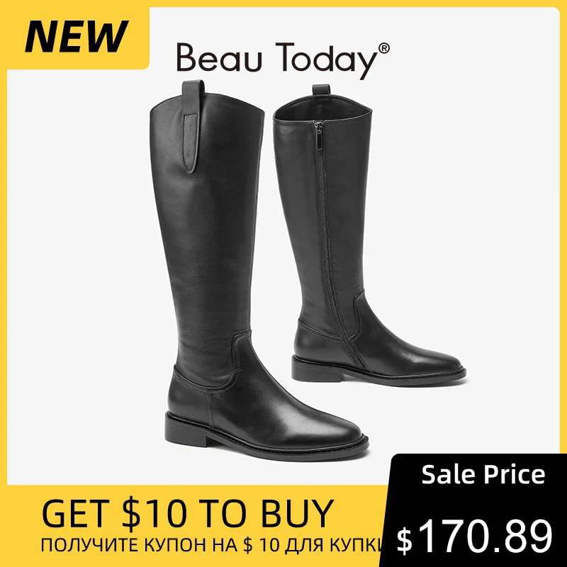 

BeauToday Long Knee Boots Women Genuine Cow Leather Round Toe Side Zip Ladies Flat Heel Shoes Handmade 01261