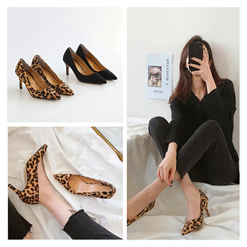 Женские туфли на высоком каблуке 6-8 см с леопардовым принтом | Обувь