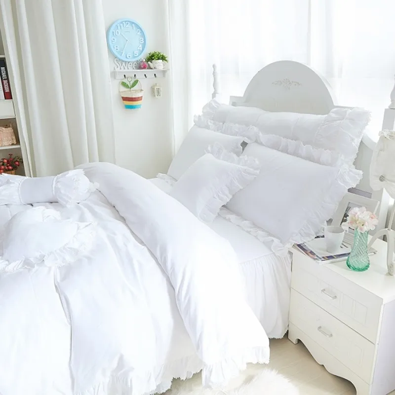 Korean White Ruffle Lace Princess Bedding Set Luxury Wedding Cotton Quilt/Duvet Cover Bed Skirt Linen Bedspread Home Textile | Дом и сад