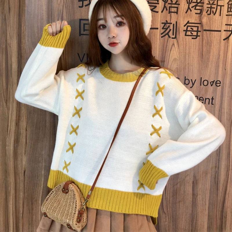 

2019 New Autumn Winter College women high quality sweater Stitching irregular fashion sweet pullover knitted sweater cc1809