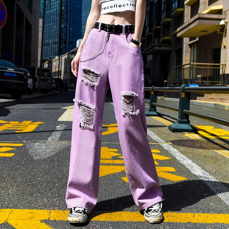 

2021 New Summer Jeans For Women Holes Ripped Beggar Belted Loose Wide Leg Denim Pants Straight Full Length Jean Trousers P157