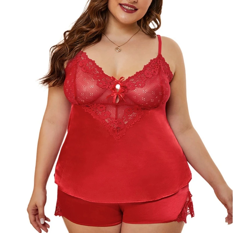 

Women Plus Size Pajamas Set Loungewear Lace Sexy Bowknot Sleepwear Nightwear