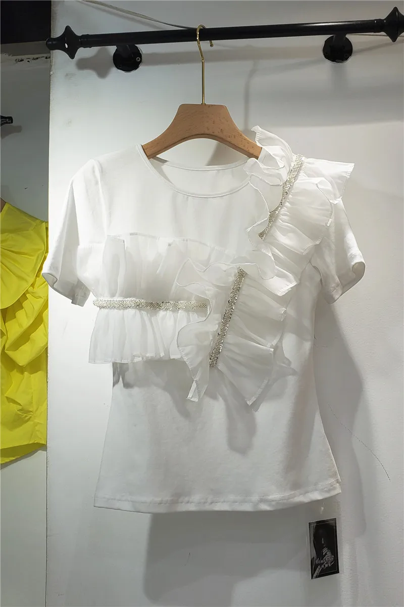 

2021 Summer New Beaded Decoration Ruffled Stitching Tees for Ladies Round Neck Short Sleeve Loose Casual T-shirt Female