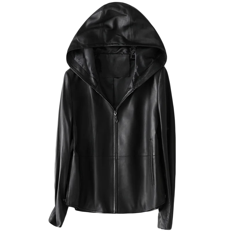 Simple Loose 3xl Spring Black Sheepskin Long Sleeve OL Zipper Hoodie  Jacket Casual Women Genuine Leather Coat