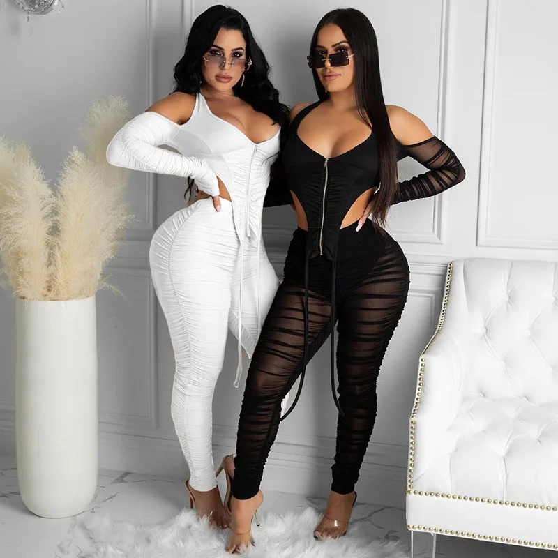 

QuanRun Sexy Fashion Women Solid Clothing Halter Top Perspective Mesh Long Jumpsuit Party Sexy Club Streetwear Spring