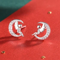 925 sterling silver crystal angel moon stud earrings for women party jewelry female pendientes mujer moda eh1370