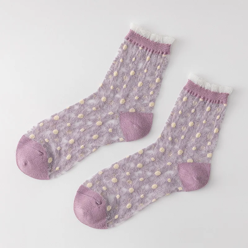 

Creative Harajuku New Product Crystal Silk Tide Socks Thin Women Fashion Funny Designer Harajuku Mesh Transparent Flower Socks